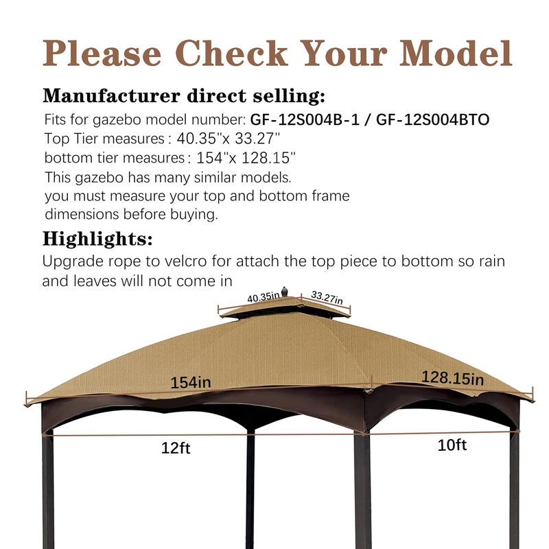 SCOCANOPY Beige Ripstop Replacement Top for Lowe's Allen Roth 10X12 Gazebo Model #GF-12S004B-1/ GF-12S004BTO - Image 2