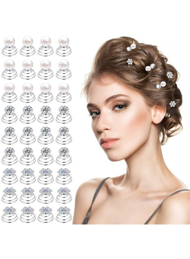 Canlierr 36 Pieces Spiral Hair Pins Gems for Hair Rhinestone Pearl Pin for Wedding Crystal Twister with Silver Coil Jewelry Clip for Wedding Bridal Prom Party - Image 1