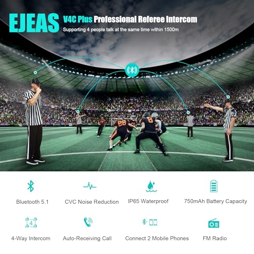 EJEAS V4C Plus Professional Football Intercom, Bluetooth 5.1 Headset with Noise Reduction/Waterproof/FM Radio/Armband for 4 Referees Group Communication (1PC) - Image 2