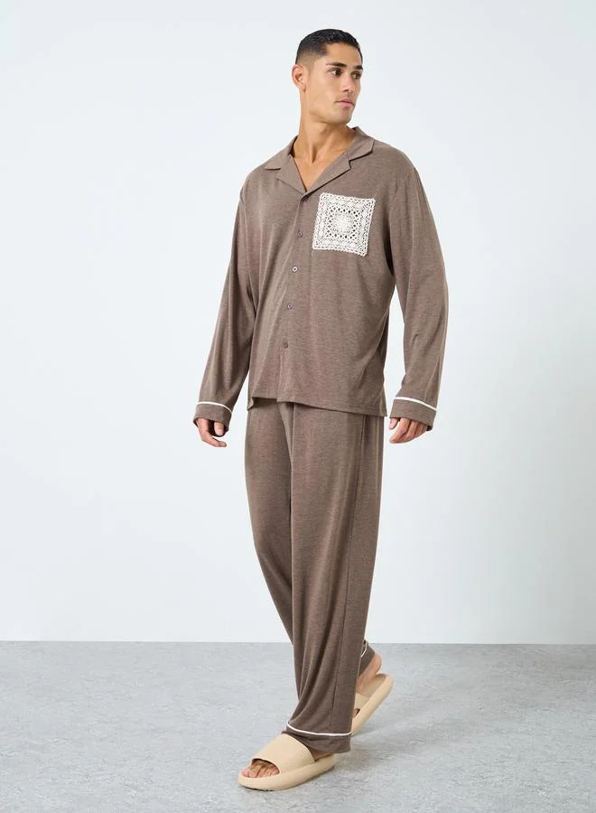 Styli Men Lace Pocket Piping Detail Shirt and Pyjama Set