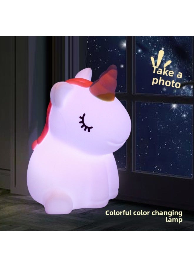 Generic - Unicorn Silicone Pat Light Night Light Pony Silicone Light USB Charging Bedroom Ornaments Sleeping Light-Light Color:Unicorn English Packaging - Image 1
