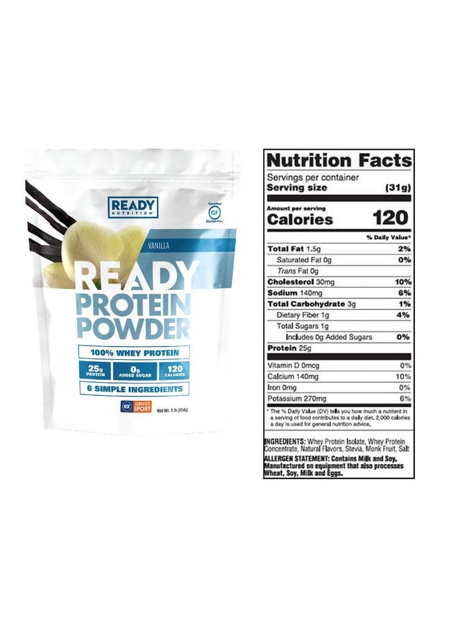 ريدي مسحوق البروتين، 25 جرامًا من بروتين مصل اللبن، 0 جرامًا من السكر، 6 مكونات بسيطة، فانيليا، كيس 1 رطل - Image 2