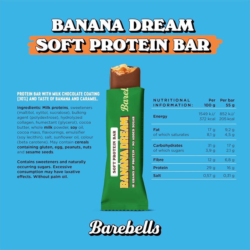 Barebells Protein Bars | 16g protein low carb chocolate bars | after workout low calorie snacks 12 x 55g (Soft Bars Banana Dream) - Image 2