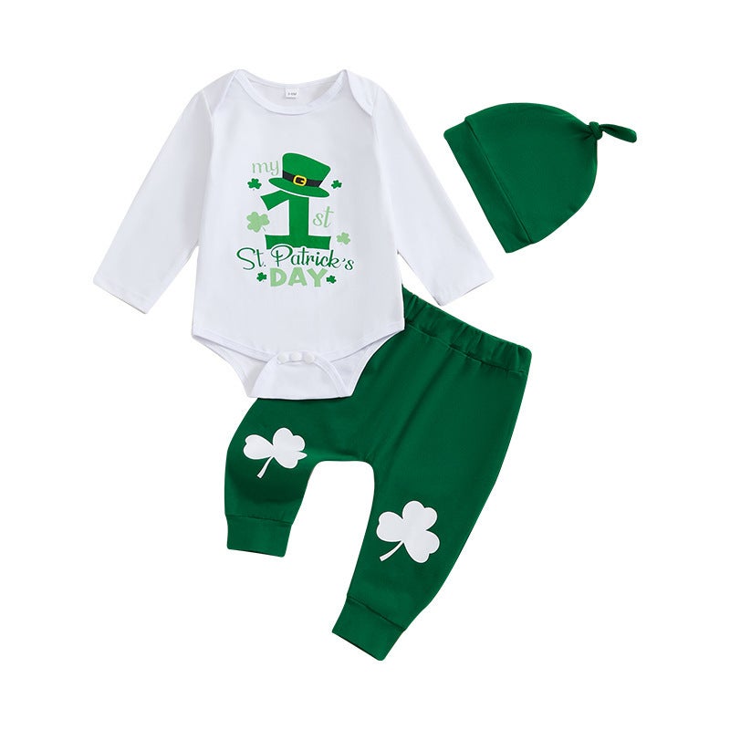 Europe and the United States baby children''s clothing spring and autumn baby four-leaf clover letter printing long sleeve pants hat three-piece set - Image 1