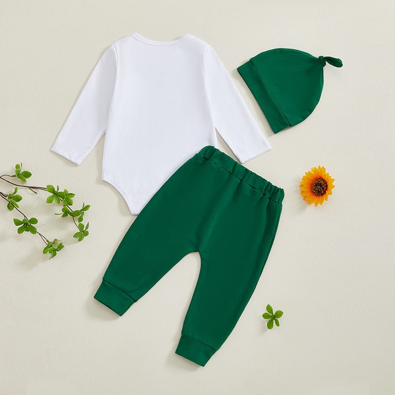 Europe and the United States baby children''s clothing spring and autumn baby four-leaf clover letter printing long sleeve pants hat three-piece set - Image 4