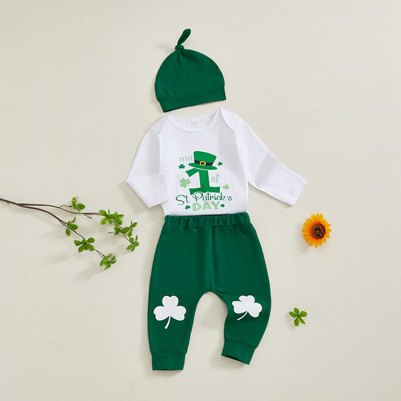 Europe and the United States baby children''s clothing spring and autumn baby four-leaf clover letter printing long sleeve pants hat three-piece set - Image 3