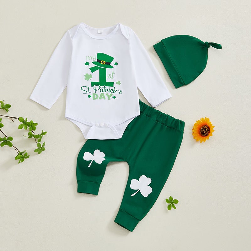 Europe and the United States baby children''s clothing spring and autumn baby four-leaf clover letter printing long sleeve pants hat three-piece set - Image 2