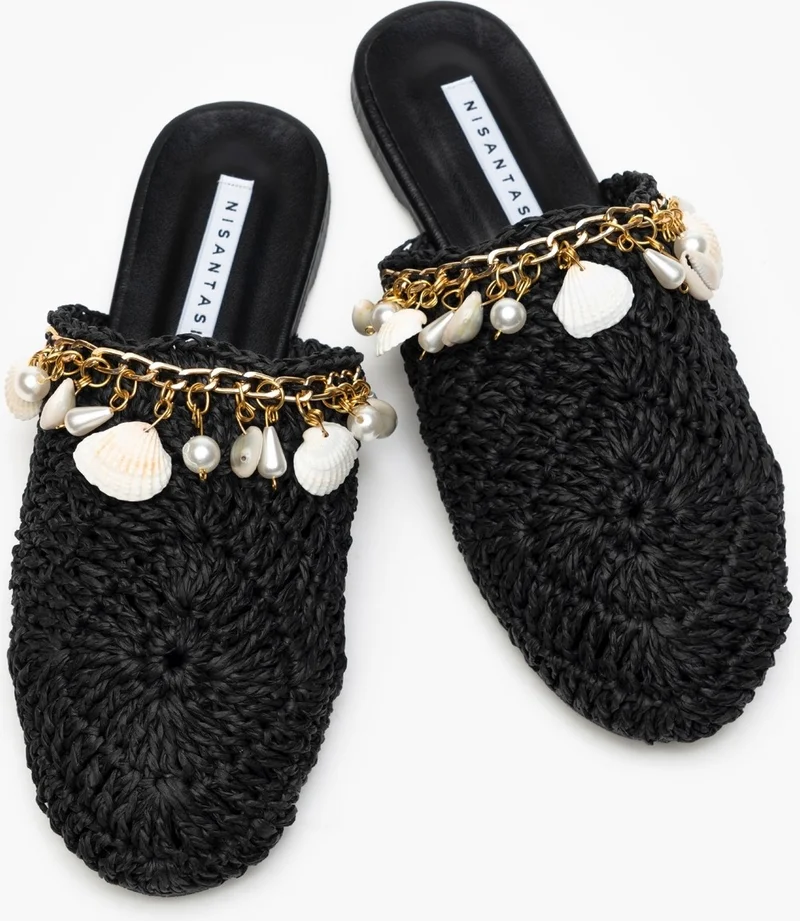 Nişantaşı Shoes Kate Black Knitted Seashell Detailed Women's Slippers
