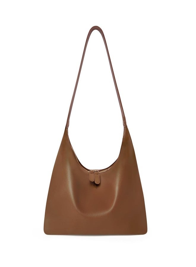 Leather Hobo Bags for Women Small Soft Shoulder Purse Slouchy Tote Handbags with Double Zipper Design 2025, Brown, 13.78" L x 4.75" W x 7.5" H