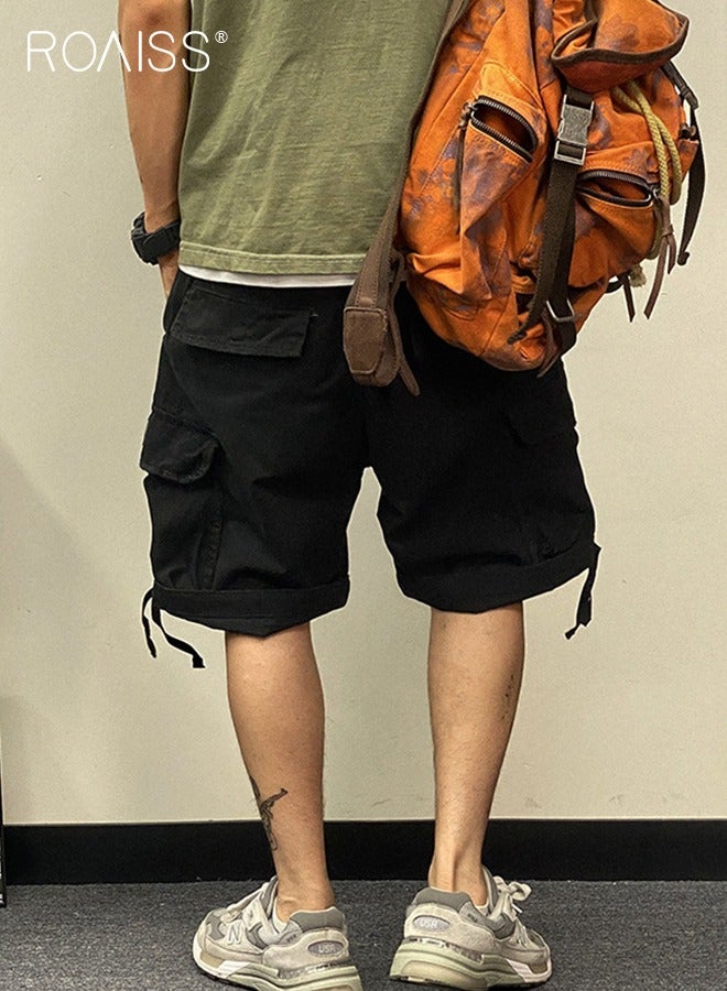 رويس شورت رجالي كاجوال متعدد الجيوب للعمل، بنطلون واسع الساق مع مشبك حزام خصر فضفاض، عصري ومتعدد الاستخدامات، شورت متين متوسط ​​الطول، أسود - Image 2