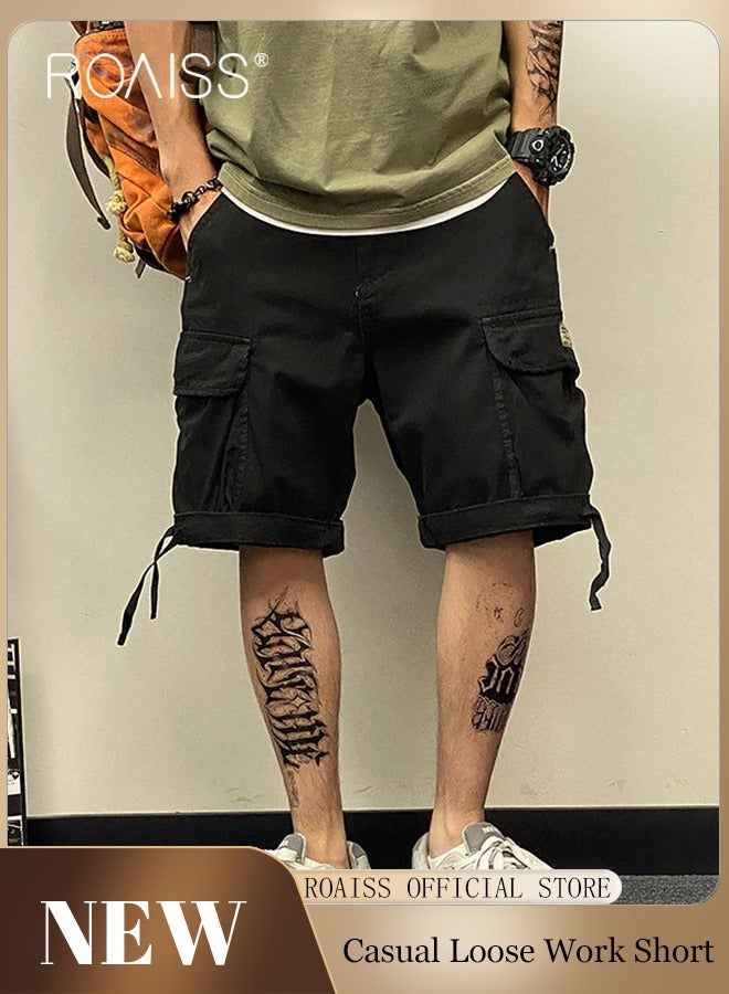 رويس شورت رجالي كاجوال متعدد الجيوب للعمل، بنطلون واسع الساق مع مشبك حزام خصر فضفاض، عصري ومتعدد الاستخدامات، شورت متين متوسط ​​الطول، أسود - Image 1