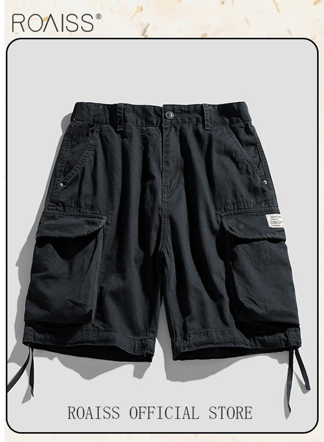 رويس شورت رجالي كاجوال متعدد الجيوب للعمل، بنطلون واسع الساق مع مشبك حزام خصر فضفاض، عصري ومتعدد الاستخدامات، شورت متين متوسط ​​الطول، أسود - Image 5