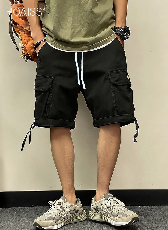 رويس شورت رجالي كاجوال متعدد الجيوب للعمل، بنطلون واسع الساق مع حزام خصر فضفاض، عصري ومتعدد الاستخدامات، متين، مريح، قابل للتهوية، شورت متوسط ​​الطول، أسود - Image 1