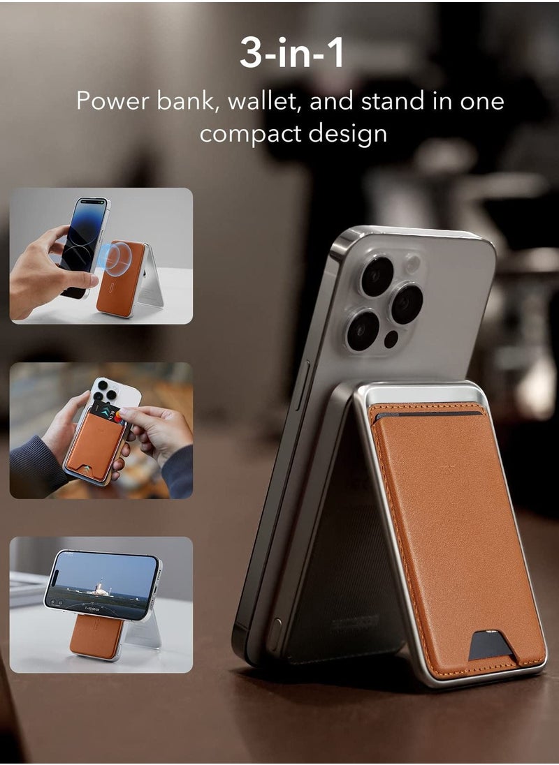 ESR - ESR MagSafe Battery Pack (HaloLock), 5,000mAh Power Bank Wallet with USB-C Cable, MagSafe Wallet and Adjustable Stand, MagSafe Portable Charger for iPhone 14/13/12 (Except 13/12 Mini), Caramel Brown - Image 1