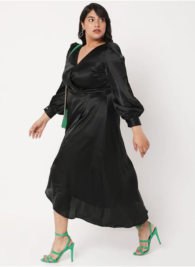 ميش Plus Size Satin Wrap Front Midi Dress with Tulip Hem