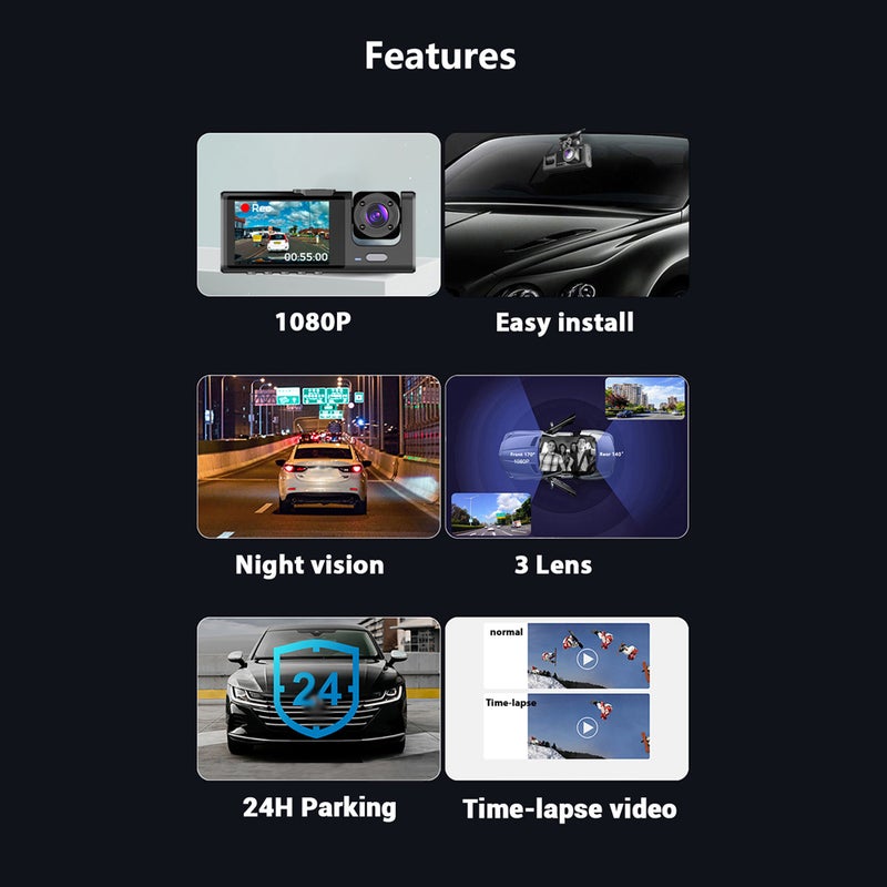 كاميرا مراقبة مركبة DVR بدقة 1080P - كاميرا أمامية وداخلية وخلفية مسجل قيادة بشاشة 2 بوصة تدعم الرؤية الليلية والتسجيل المتكرر والقفل بمفتاح واحد - النسخة القياسية - Image 2