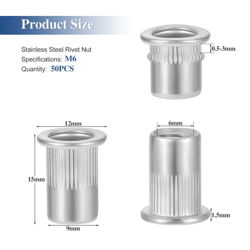 HSEAMALL M6 Stainless Steel Rivet Nut Flat Head Threaded Insert Rivnut Nutsert,50-Pack - Image 2