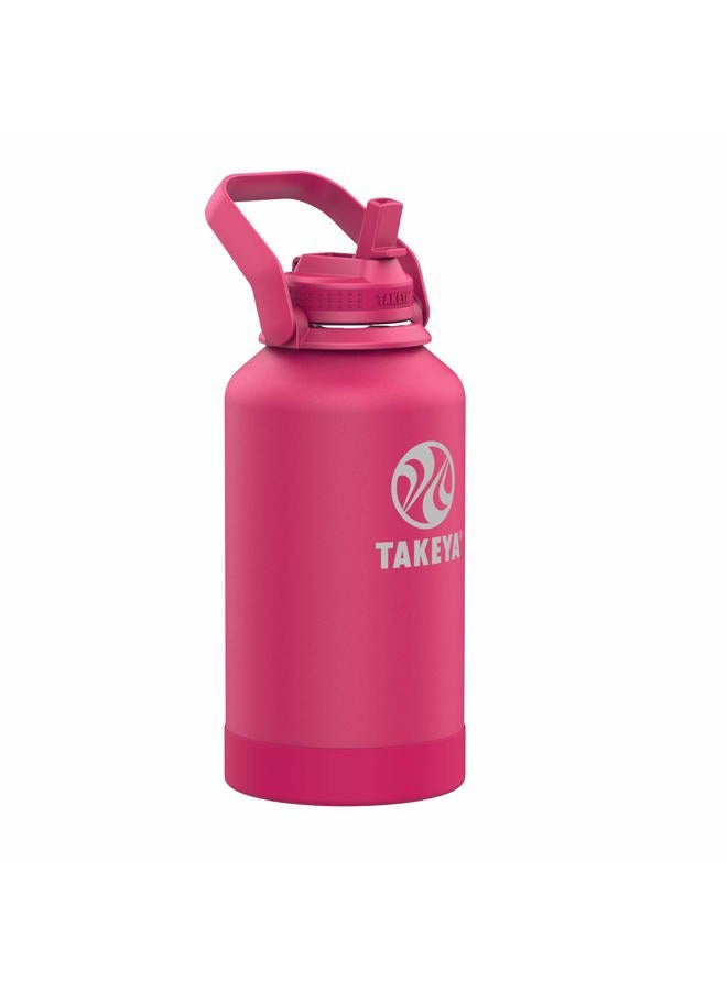 Takeya Pickleball Stainless Steel Insulated Water Bottle with Choice of Lid and Carry Handle, 64 Ounce, Backspin Pink  - Image 1