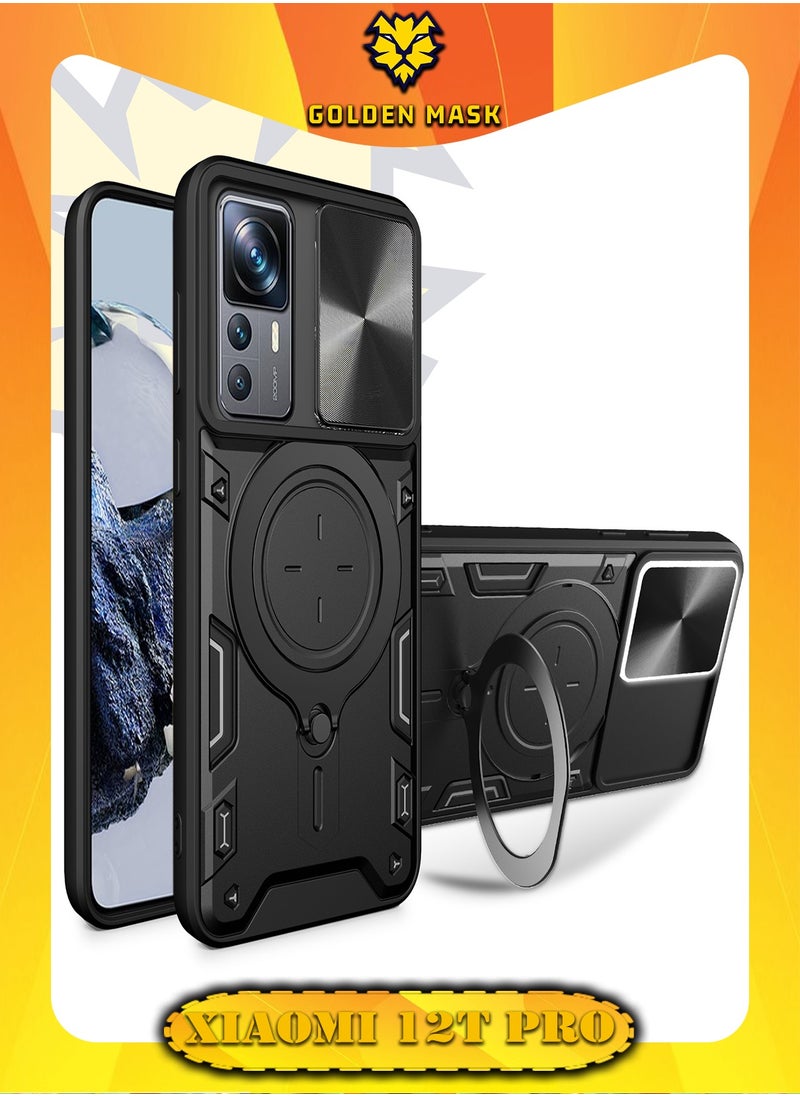 جولدن ماسك جولدن ماسك لهاتف شاومى 12تى/12تى برو (Xiaomi 12T/12T Pro) جراب حماية مع باب جرار لحماية عدسة  الكاميرا المدرعة مدمج بزاوية 360 درجة - (اسود) 