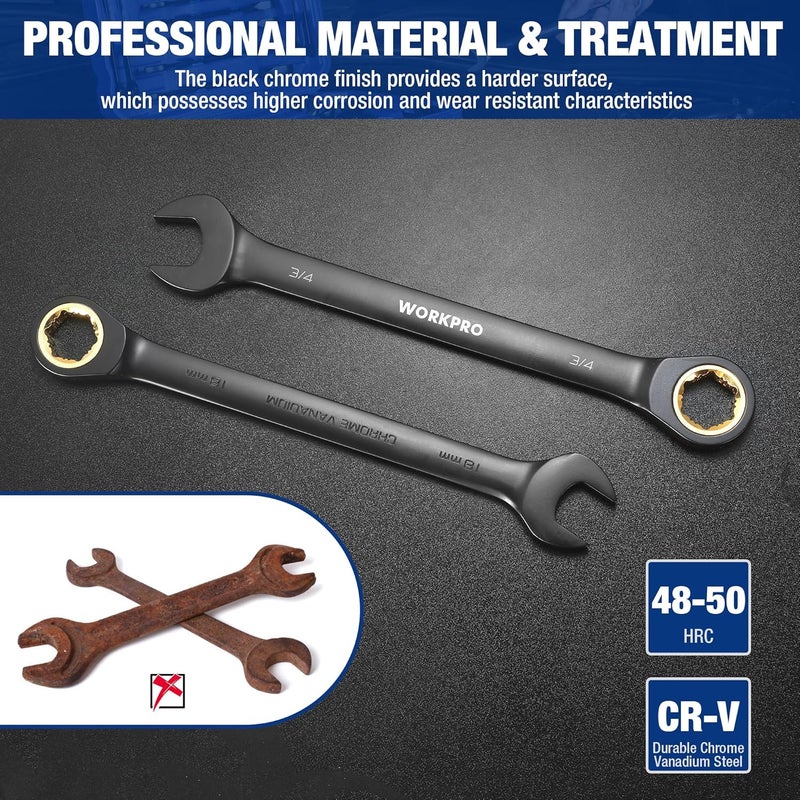 ووركبرو مجموعة مفاتيح ربط زاوية قابلة للعكس من مكونة من 22 قطعة، أسنان مانعة للانزلاق، مجموعات مفاتيح ربط زاوية قابلة للعكس مع صندوق تنظيم، متري 6-18 مم وSAE 1/4-3/4 بوصة، طلاء كهربائي أسود - Image 5