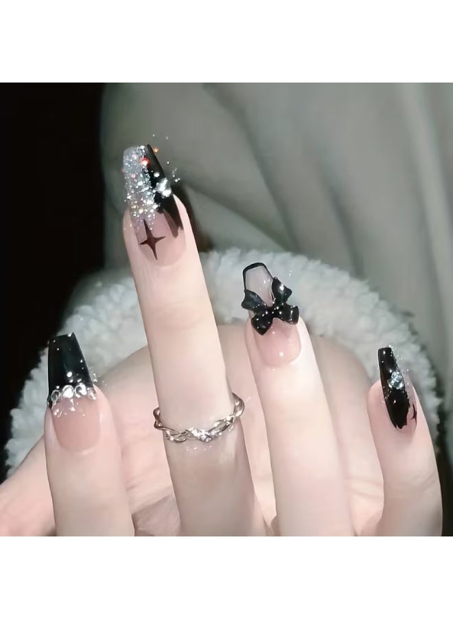 Goolsky 24 قطعة أظافر باليه فرنسي أسود مزينة بالأحجار الكريمة - نصائح أكريليك تغطي بالكامل للنساء والفتيات، أظافر الهالوين - Image 4