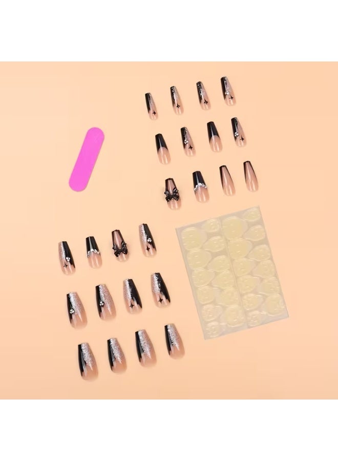 Goolsky 24 قطعة أظافر باليه فرنسي أسود مزينة بالأحجار الكريمة - نصائح أكريليك تغطي بالكامل للنساء والفتيات، أظافر الهالوين - Image 5