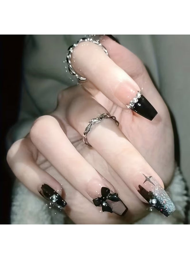 Goolsky 24 قطعة أظافر باليه فرنسي أسود مزينة بالأحجار الكريمة - نصائح أكريليك تغطي بالكامل للنساء والفتيات، أظافر الهالوين - Image 1