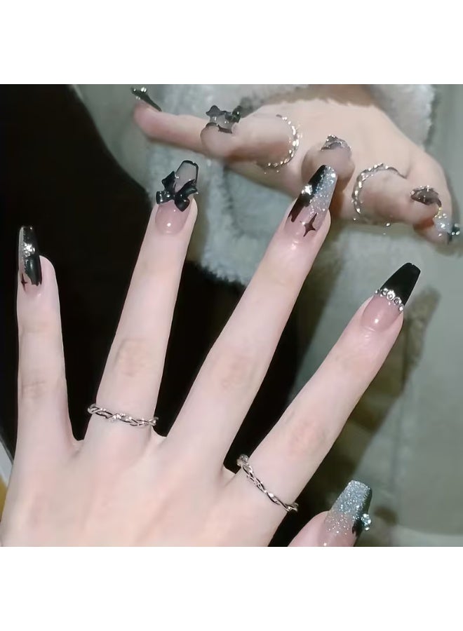 Goolsky 24 قطعة أظافر باليه فرنسي أسود مزينة بالأحجار الكريمة - نصائح أكريليك تغطي بالكامل للنساء والفتيات، أظافر الهالوين - Image 2
