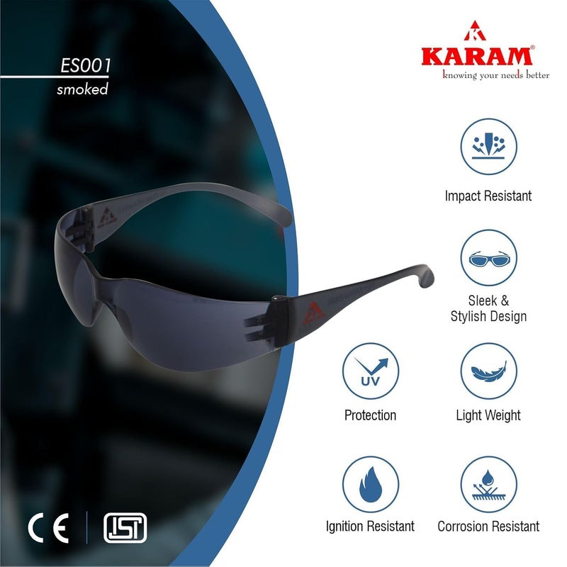 Karam نظارات أمان ES001 مع عدسة مدخنة | نظارات أمان للاستخدام المتعدد للتلوث والغبار وركوب الدراجات وأعمال البناء | مقاومة للخدش والصدمات - Image 5