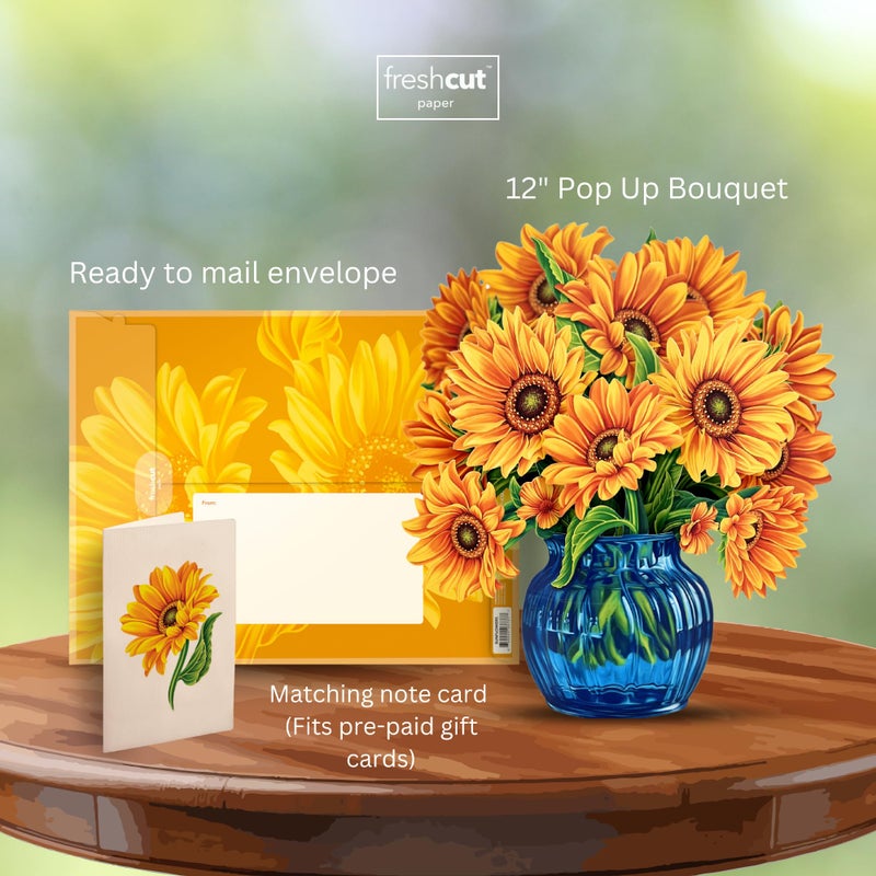 Freshcut Paper Pop Up Cards, Sunflowers, 12 Inch Life Sized Forever Flower Bouquet 3D Popup Greeting Card, Birthday Cards, Get Well Gifts, Blank Notecard & Envelope - Image 3