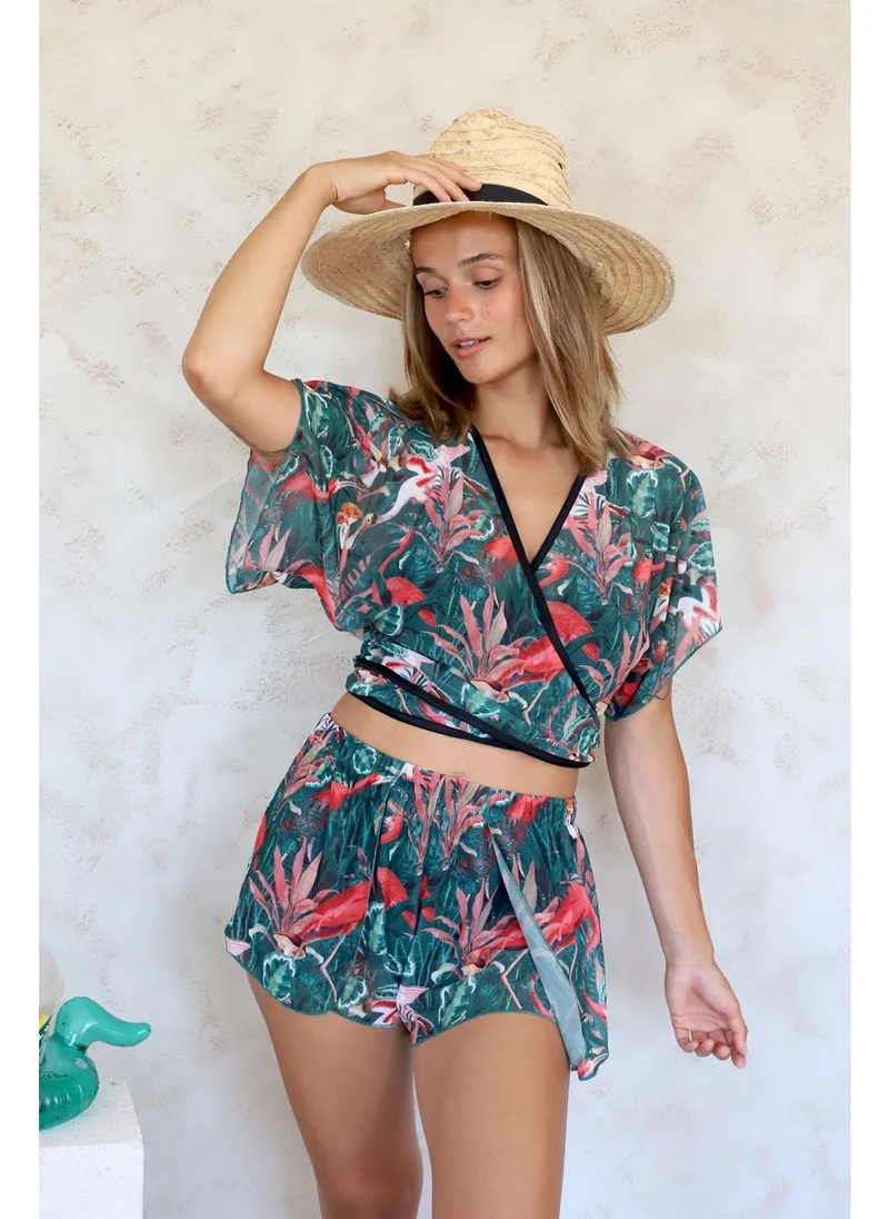 Hamur Dough Summer Beach Shorts Pareo Swim Shorts Closed Front Slit Elastic Chiffon Tulle Fabric Flower Green