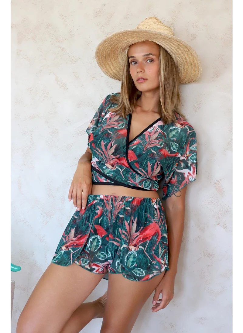Hamur Dough Summer Beach Shorts Pareo Swim Shorts Closed Front Slit Elastic Chiffon Tulle Fabric Flower Green