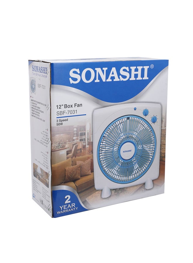 SONASHI 12Inch Box Fan with 3 Speeds | Lightweight and Portable Fan with 1 Hour Timer | Powerful Desk Box Fan With Copper Motor | Protective Grill for Safety SBF-7031 White/Blue - Image 5