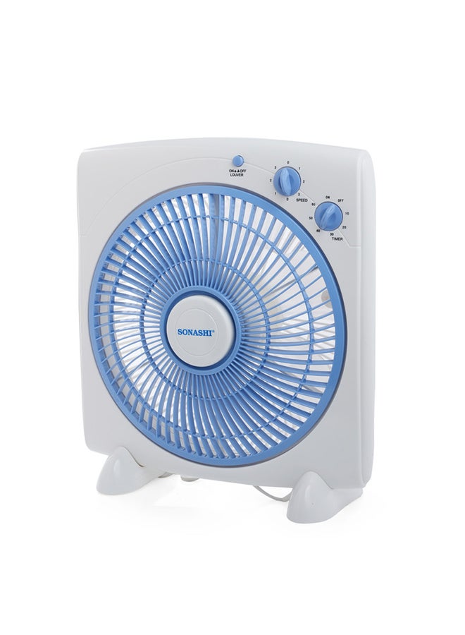SONASHI 12Inch Box Fan with 3 Speeds | Lightweight and Portable Fan with 1 Hour Timer | Powerful Desk Box Fan With Copper Motor | Protective Grill for Safety SBF-7031 White/Blue - Image 3