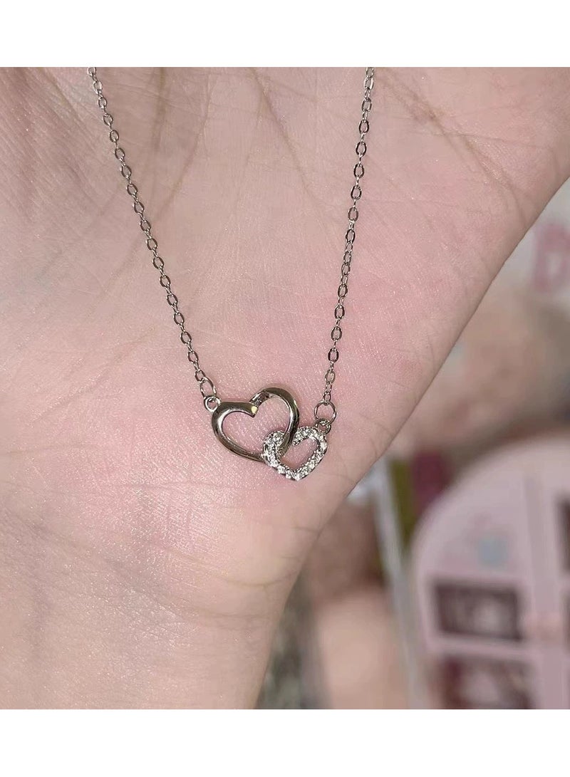جلوسكي Silver Interlocking Heart Necklace – Dainty Zircon Pendant Choker for Women, Romantic Gift for Her - Image 2