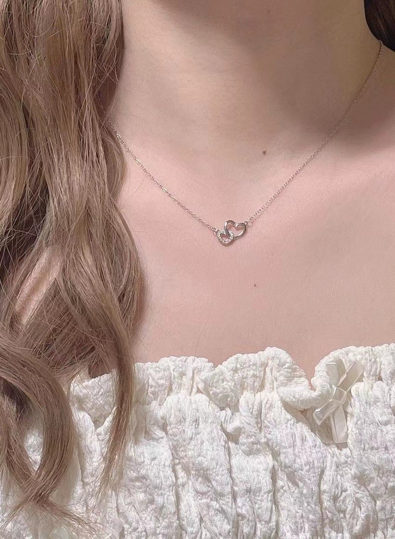 جلوسكي Silver Interlocking Heart Necklace – Dainty Zircon Pendant Choker for Women, Romantic Gift for Her - Image 5