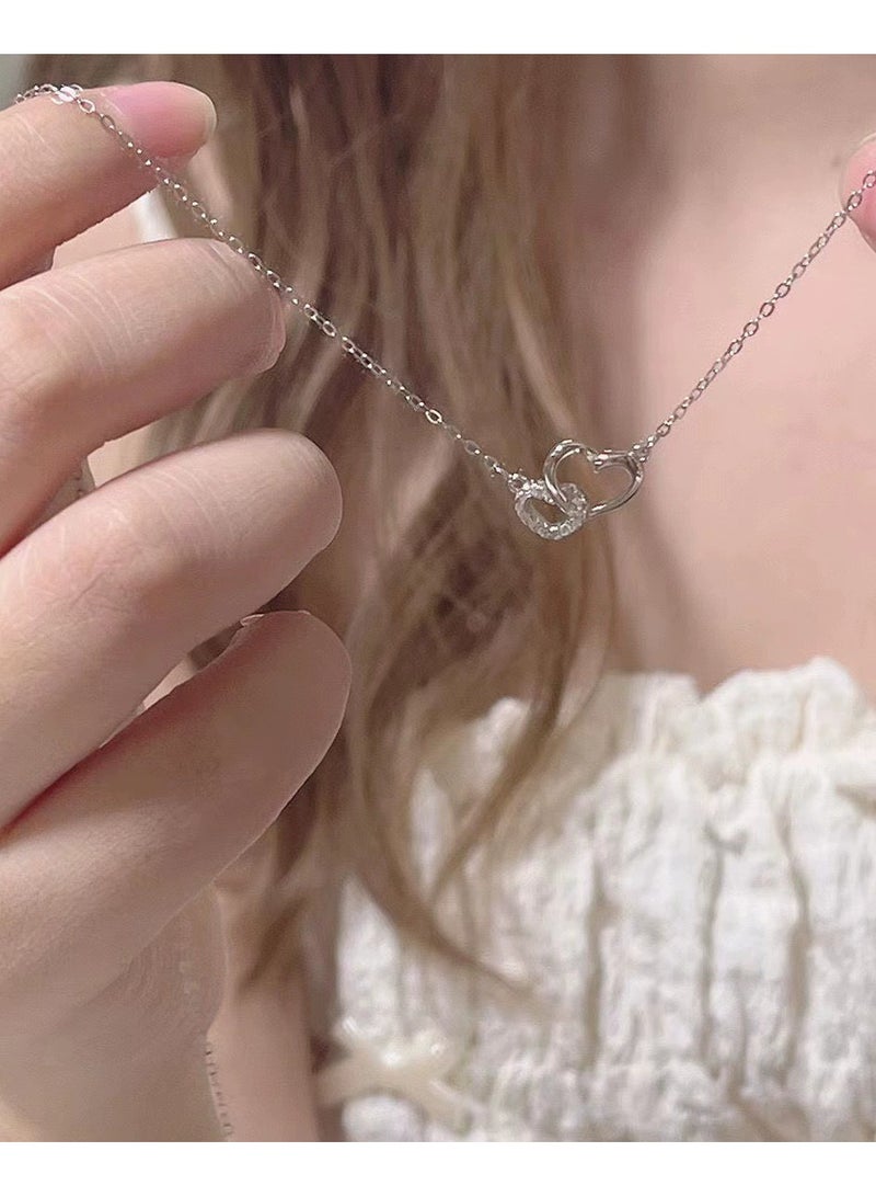 جلوسكي Silver Interlocking Heart Necklace – Dainty Zircon Pendant Choker for Women, Romantic Gift for Her - Image 1