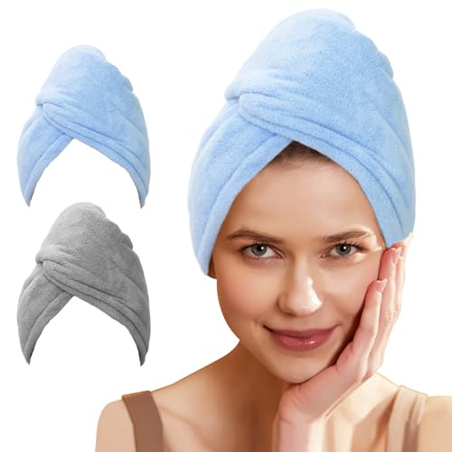 SURPRISE PIE 2 Pack Thick Hair Drying Towels, Ultra Absorbent Microfiber Girl Hair Towel, Soft Twist Hair Wrap Turban Drying Cap for Women Wet Curly Hair, Longer, Thicker Hair (Blue Grey) - Image 2