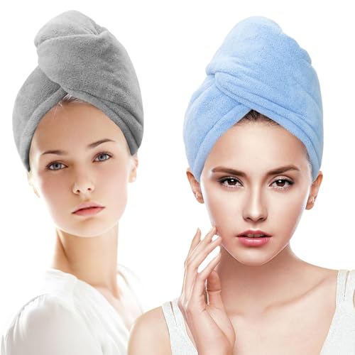 SURPRISE PIE 2 Pack Thick Hair Drying Towels, Ultra Absorbent Microfiber Girl Hair Towel, Soft Twist Hair Wrap Turban Drying Cap for Women Wet Curly Hair, Longer, Thicker Hair (Blue Grey) - Image 1