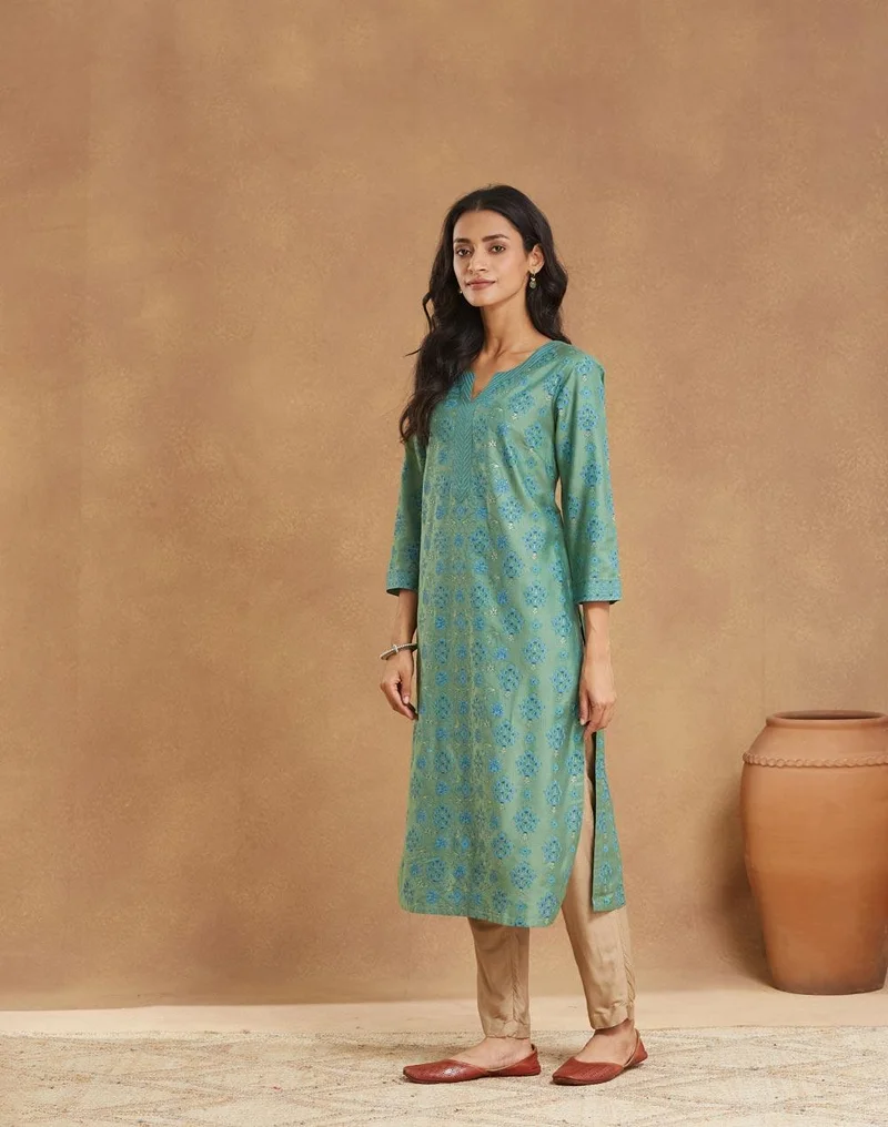 Fabindia Green Viscose Silk Printed Long Kurta
