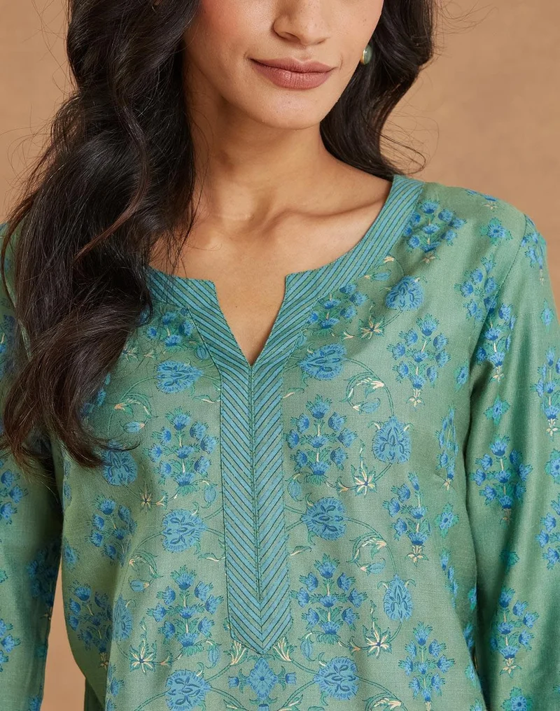 Fabindia Green Viscose Silk Printed Long Kurta