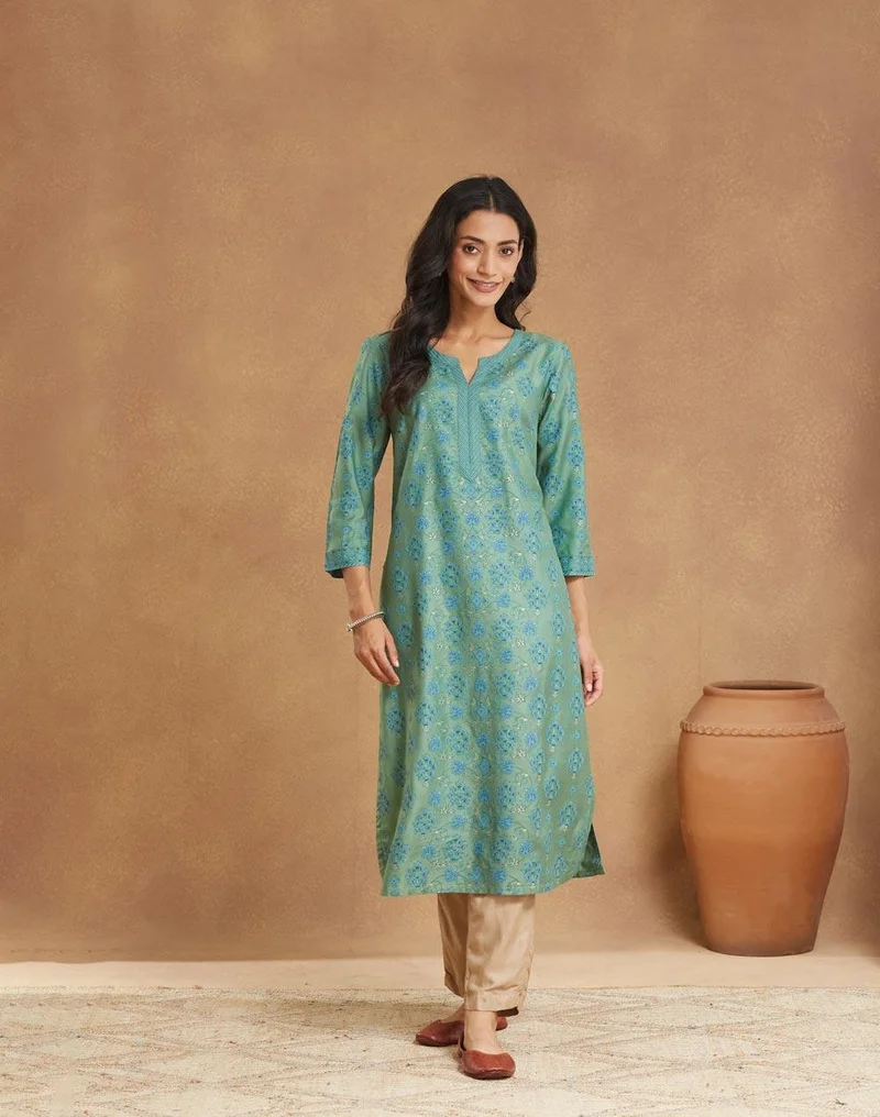 Fabindia Green Viscose Silk Printed Long Kurta