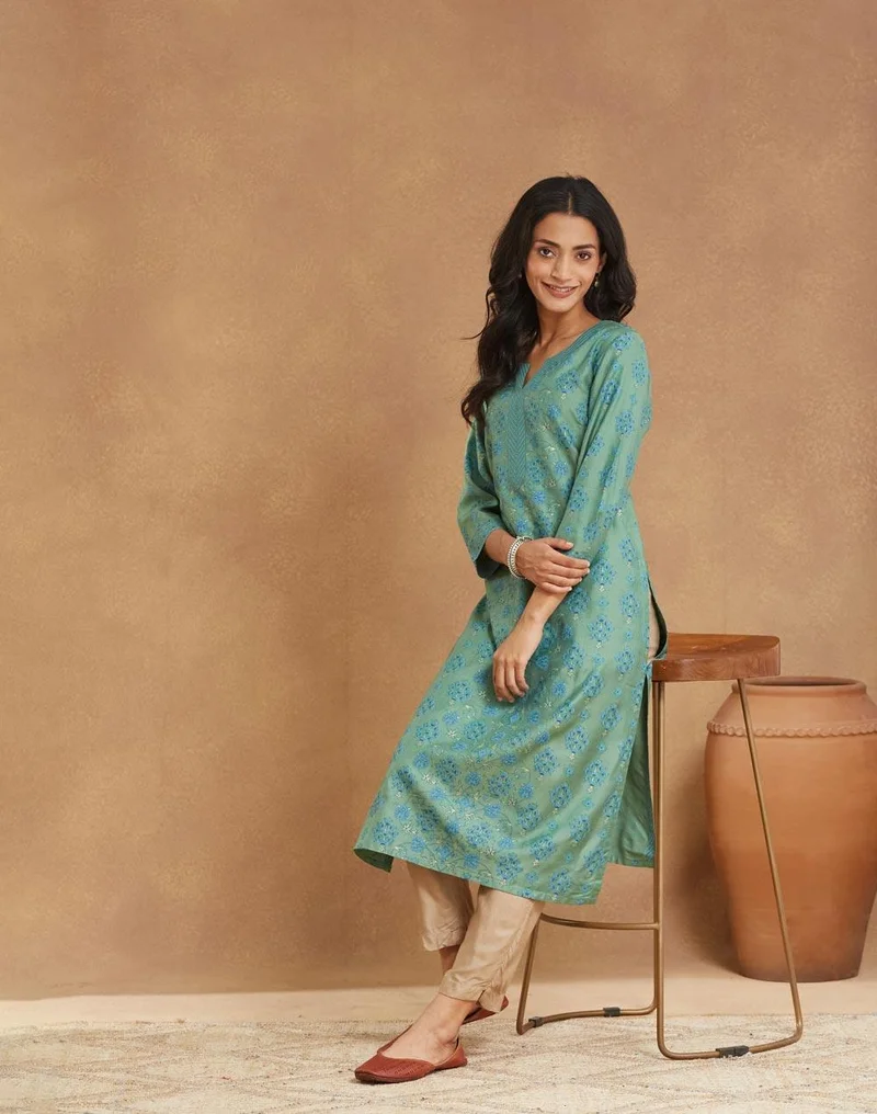 Fabindia Green Viscose Silk Printed Long Kurta