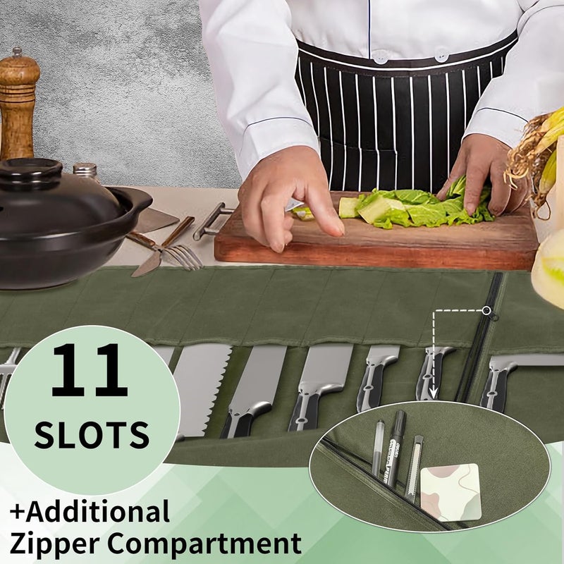 lelezone Chef Knife Roll Bag,Waterproof Waxed Canvas Knife Case Holds,Knives Roll Bags for Chefs Professional with Adjustable Strap,Chef Backpack with 11 Knife Slots and a Large Zippered Pocket - Image 3