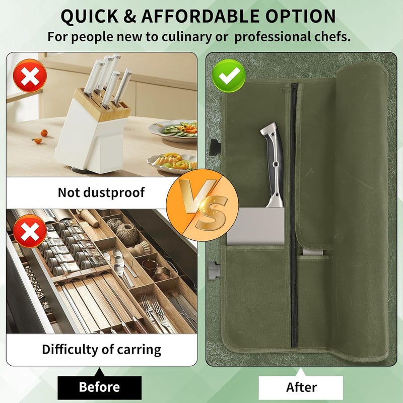 lelezone Chef Knife Roll Bag,Waterproof Waxed Canvas Knife Case Holds,Knives Roll Bags for Chefs Professional with Adjustable Strap,Chef Backpack with 11 Knife Slots and a Large Zippered Pocket - Image 4