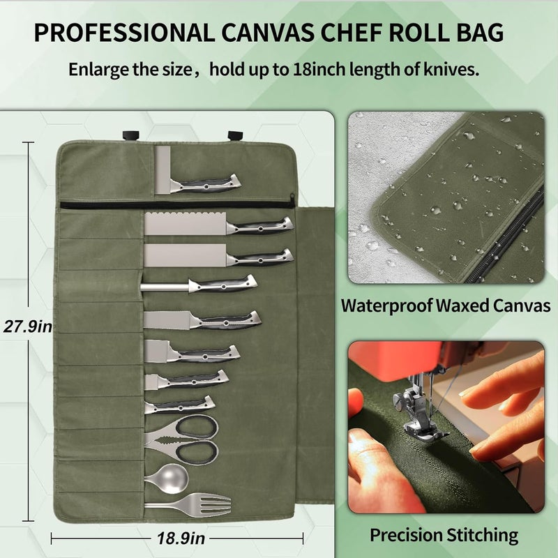 lelezone Chef Knife Roll Bag,Waterproof Waxed Canvas Knife Case Holds,Knives Roll Bags for Chefs Professional with Adjustable Strap,Chef Backpack with 11 Knife Slots and a Large Zippered Pocket - Image 2