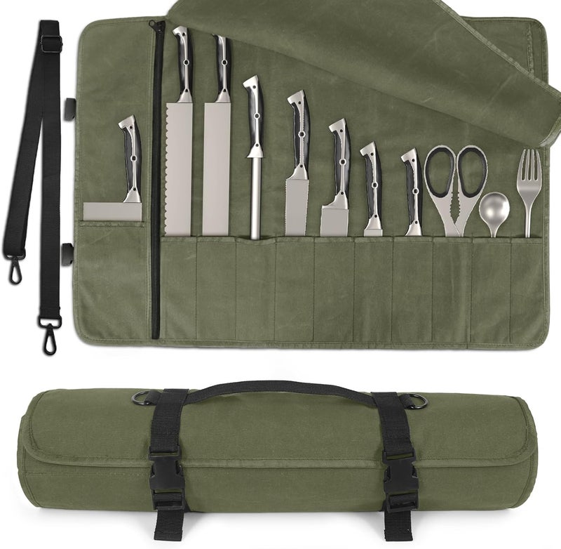 lelezone Chef Knife Roll Bag,Waterproof Waxed Canvas Knife Case Holds,Knives Roll Bags for Chefs Professional with Adjustable Strap,Chef Backpack with 11 Knife Slots and a Large Zippered Pocket - Image 1
