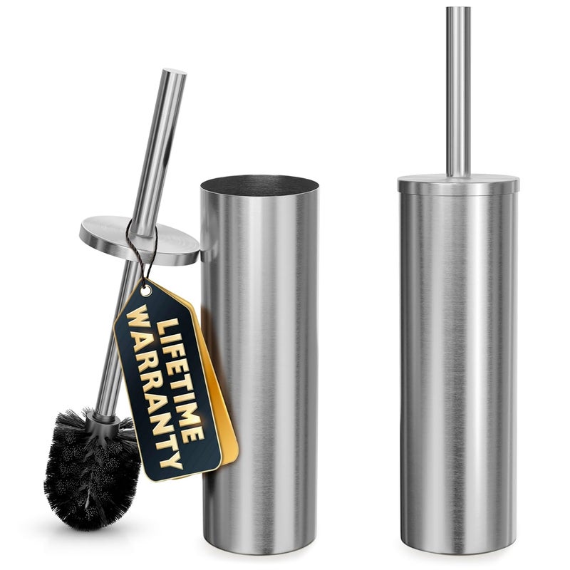 NOVSIX 2 Pcs Stylish Stainless Steel Toilet Brush and Holder Set - Silver Toilet Bowl Brush and Holder with Splash Cover, Sturdy Bristles, Corrosion & Scratch Resistant - Elegant Design, Effective Cleaning - Image 1
