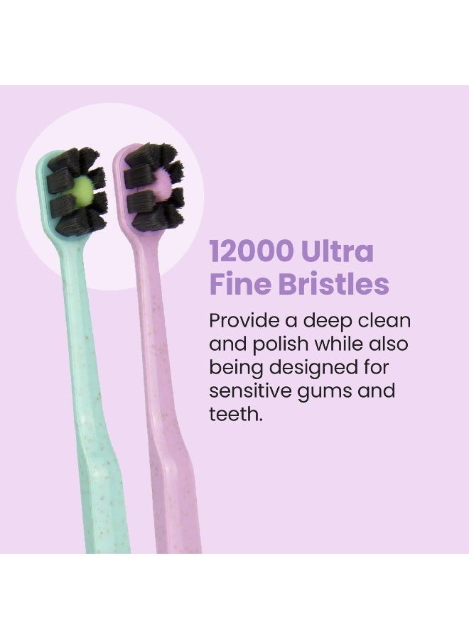 Lindo EcoCare Polishing Toothbrush Charcoal Infused Bristles Biodegradable Handle for Sensitive Gums and Teeth 12000 Ultra Fine Charcoal Infused Bristles Soft and Gentle Pack of 4 Pink - Image 4