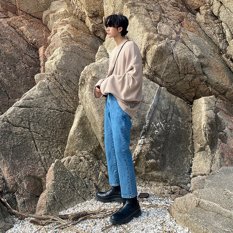 Myq Waffle Long-Sleeved T-Shirt Korean Style Fashionable Ins Round Neck Loose Sweater Base Shirt For Men - Image 4